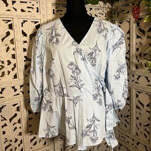 CATO EST. 1946 ADORABLE LIGHT BLUE WITH DARK BLUE FLORAL MID SLEEVE PLUS TOP